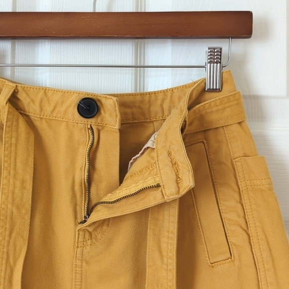 PacSun High Waisted Tie Belted Raw Hem A-Line Denim Mini Skirt Mustard Yellow 26 - Picture 4 of 13